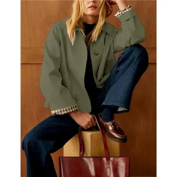 Women's Oversize Trench Coat Plaid Lining Lapel Button Down Casual Crop Jacket - Picture 5 of 8